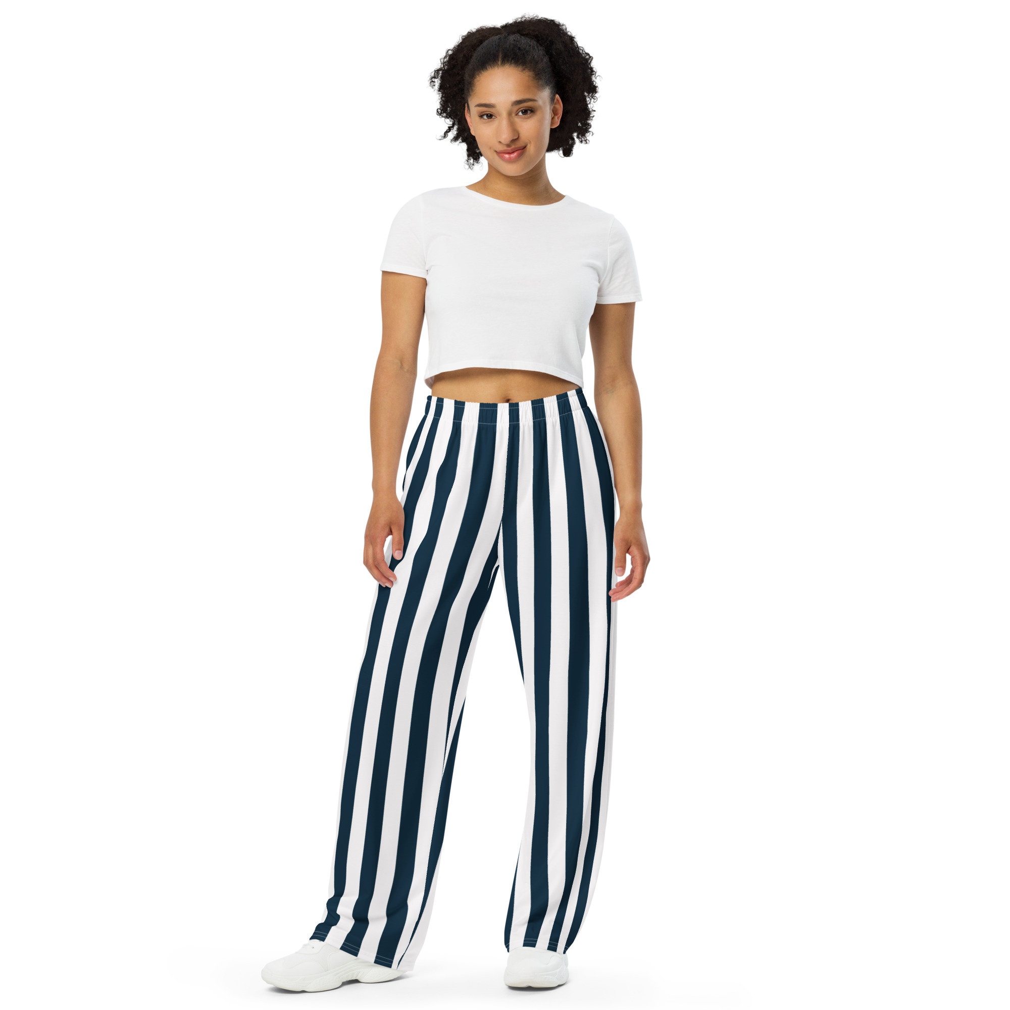 Blue and White Striped Wide Leg Pants 