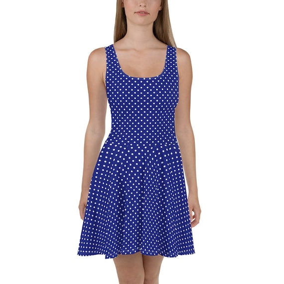 Blue with White Polka Dots Skater Dress, Polka Dot Casual Summer Dress Blue with White Polka Dots Skater Dress, Polka Dot Casual Summer Dress