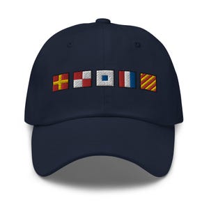 RUSTY spelled out with Embroidered Nautical Flags Dad hat, Custom Semaphore Flags Hats
