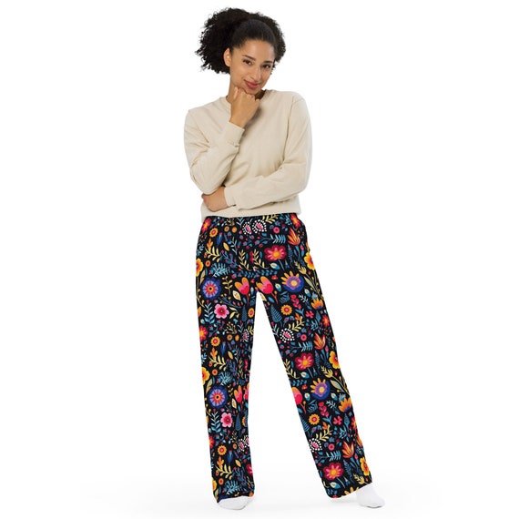 Mexican Flowers Print Unisex Wide-leg Pants, Casual Summer