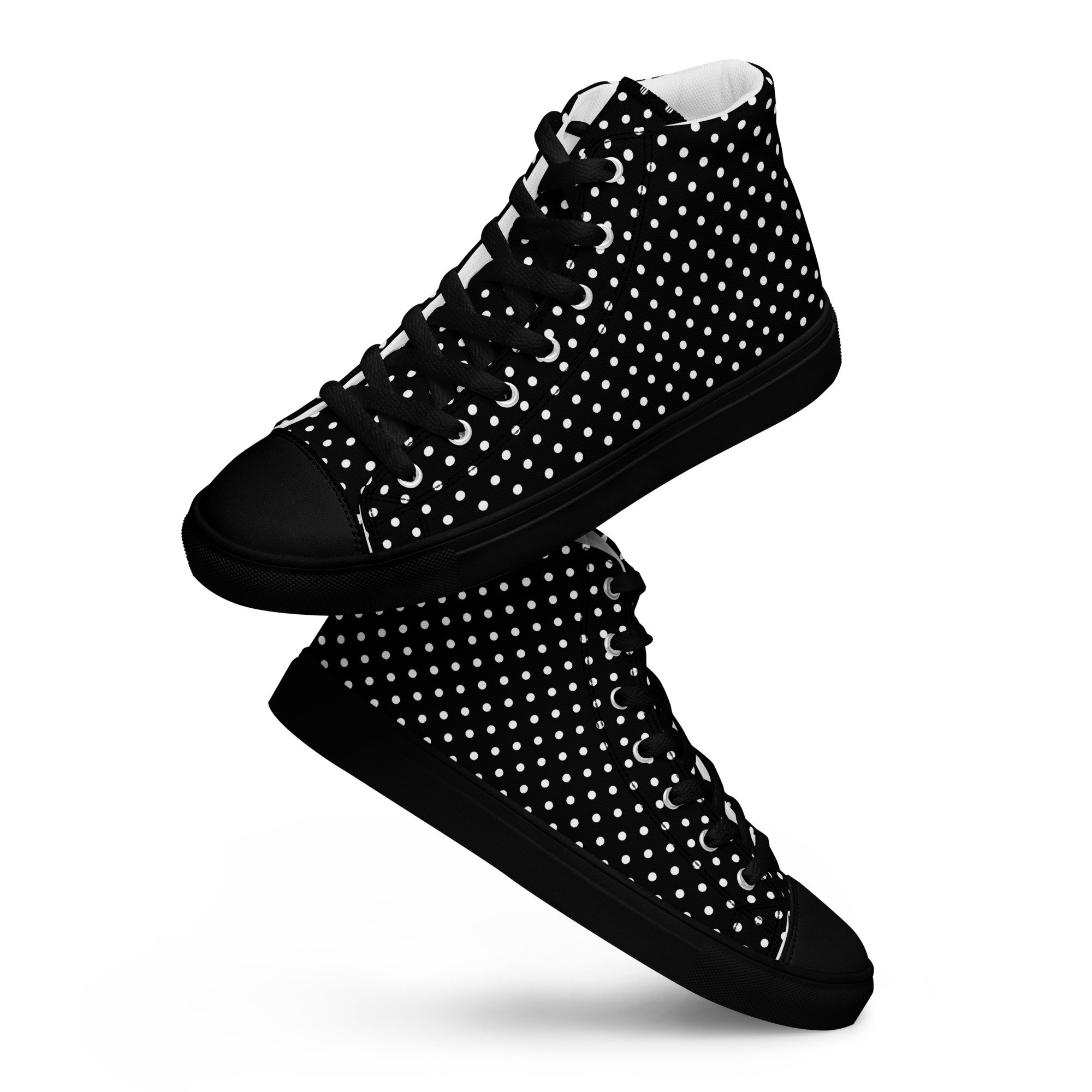 Women's Black with White Polka Dots High Top Canvas Shoes, Polka Dot Sneakers