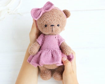 Brown bear in pink dress toy gift for girls . Handmade teddy bear. Bear doll. Eco friendly toy.