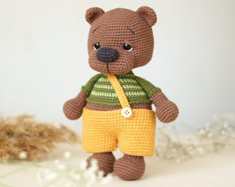 Brown teddy bear in mustard pants. Handmade bear toy. Best gift for kids.