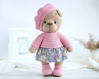 Bear doll in dress and beret for girl's birthday gift. Unique toy in a single copy ready to ship.