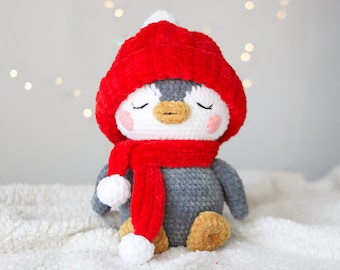 Penguin plush toy in hat. Penguin sleeping companion for baby. Christmas present