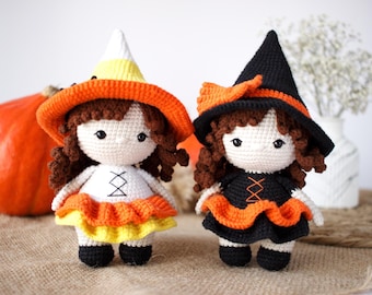 Halloween dolls crochet pattern in ENGLISH. Witch and Candy corn amigurumi doll.