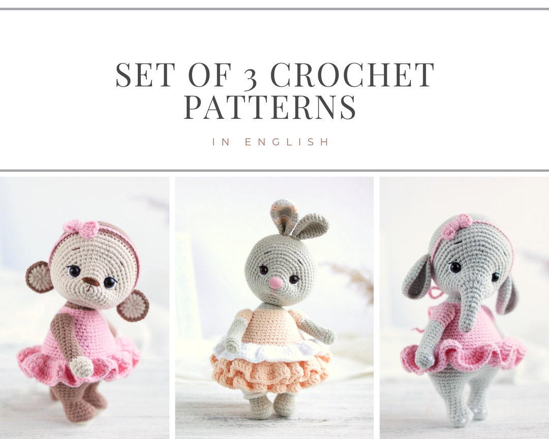 Set of 3 Crochet Patterns Amigurumi Bunny, Monkey, Elephant. Crochet