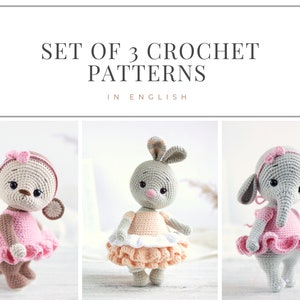 Set of 3 crochet patterns - amigurumi Bunny, Monkey, Elephant. Crochet toy patterns.