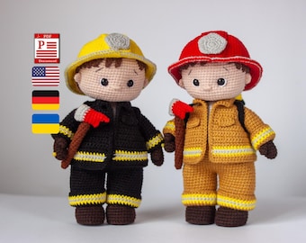 Firefighter crochet pattern (Eng, Ukr, Ger). Amigurumi fireman pattern PDF