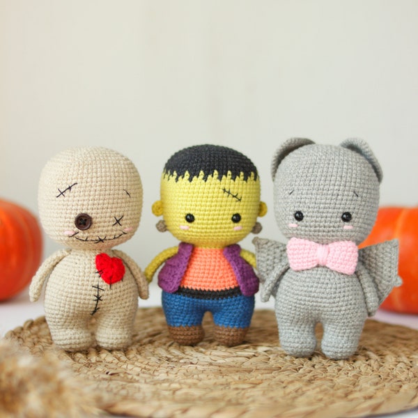 Cute monsters crochet pattern in ENGLISH. Amigurumi pattern set: bat, Frankiestein, voodoo doll.  Halloween toy