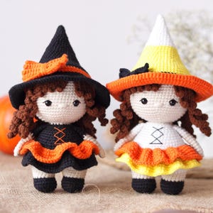 ハロウィン人形。女の子用の魔女とキャンディコーン人形。