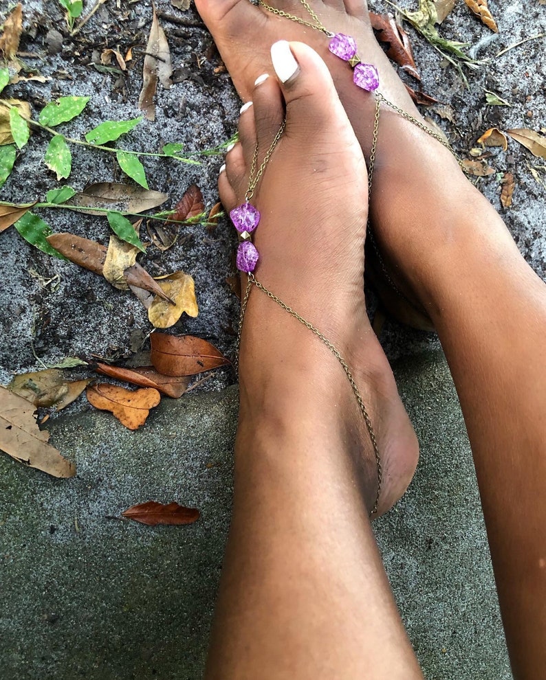 Purple barefoot sandals Foot jewelry beach wedding Bridesmaids gift idea shoes Anklet boho Bohemian style anklets Hippie Footless sandals