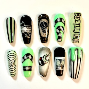 Hand Painted Beetlejuice Inspired Press On Nails