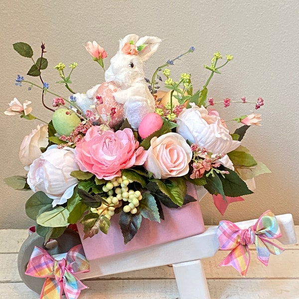 Easter Wheelbarrow Floral, Easter Bunny Arrangement, Easter Bunny and Eggs Centerpiece, Easter Floral Decor