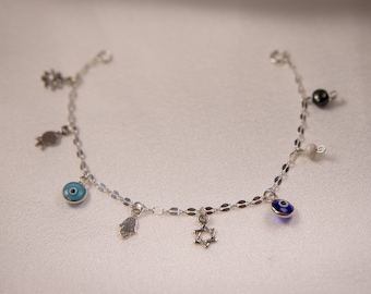 custom mix-and-match charms silver bracelet with Magen David, hamsa, evil eye, pomegranate, freshwater pearl pendants, personalized order