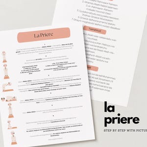 May include: Two white printed pages with text and illustrations. The text includes the title "La Priere" and step-by-step instructions with pictures. The pages have a light peach-colored header and footer.