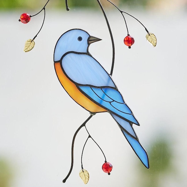 Stained Glass Bluebird Suncatcher: Handcrafted Window Art Decor Mothers Day Gift