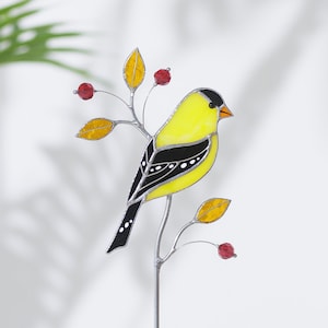 Goldfinch stained glass suncatcher on a stone stand Table decor Modern art Gift for for mother Christmas gift image 1