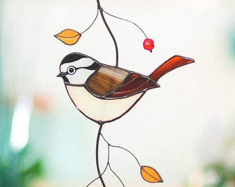 Chickadee stained glass birds on branch suncatcher anniversary gift birds lover custom stained glass window hangings