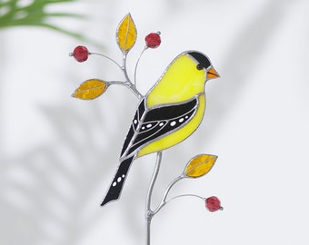 Goldfinch stained glass suncatcher on a stone stand Table decor Modern art Gift for for mother Christmas gift