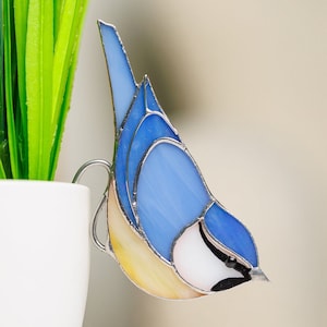 Chickadee bird planter stained glass suncatcher perfect Father’s Day gift unique plant pot decor charming small bird decor home or office