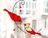 Suncatcher Pair of Red Cardinals stained glass window hanging suncatcher Red Cardinal sun catcher art glass modern decor Birthday Gift