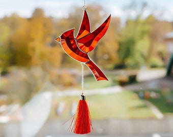 Red cardinal stained glass Memorial Male with Tassel Trim Beveled glass suncatcher condolence gift