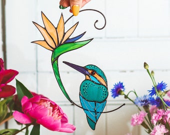 Stained glass Kingfisher stained glass suncatcher window hangings  bird decor stained glass custom stained glass garden decor