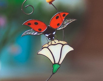 Lady bug suncatcher stained glass window hanging Modern decor Custom stained glass bird suncatcher stained glass flower suncatcher