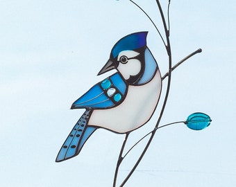 Blue Jay stained glass bird suncatcher anniversary gift Birds lover custom stained glass window hangings Gift for grandpa