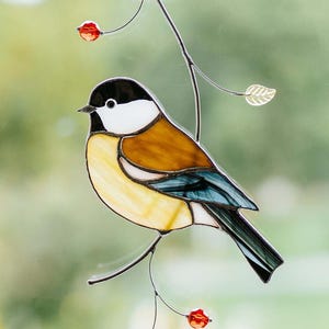 Chickadee Bird Stained Glass Window Hanging Suncatcher Bird Lover Gift Home Decor Ornament Gift for Mom Father&#39;s Day Holiday Decor