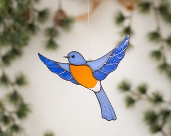 Stained glass window hangings Blue bird suncatcher Stained glass ornaments Christmas tree decor Gift for mother