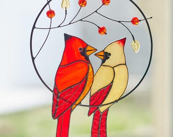 Red Cardinal Stained Glass Window Hanging Bird Decor Handmade Gift For Dad Suncatcher For Home Lovers Of Nature Unique Art Glass Ornament