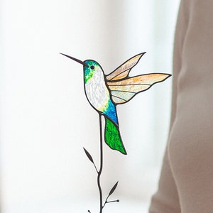 Floral support stained glass Hummingbird pot stake glass Hummingbird Gift for gardener Christmas gift for mom