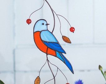 Bluebird  stained glass suncatcher Blue Sialia bird window hanging Home decor wall art Gift for Mother