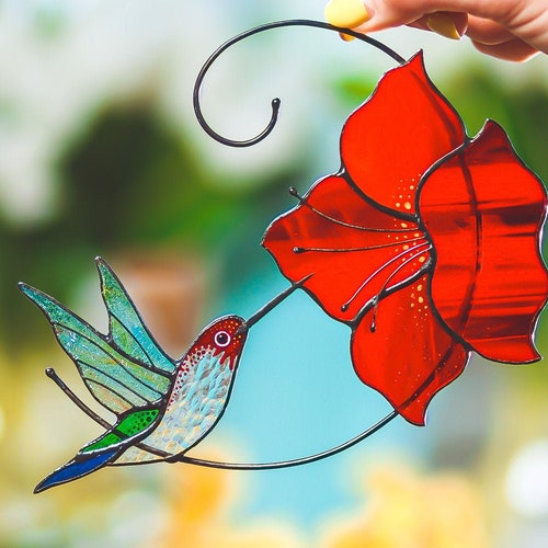 Hummingbird Couple With Flower Stained Glass Suncatcher Window Etsy