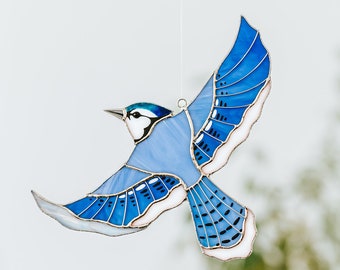 Stained glass suncatcher Blue Jay window hangings Original art Mother's Day gift