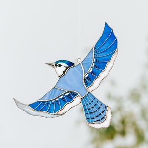 Stained glass suncatcher Blue Jay window hangings Original art Christmas gift image 1