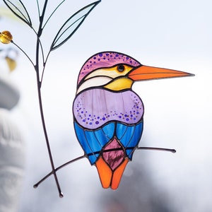 Stained Glass Kingfisher Bird Suncatcher: Modern Window Hanging, Unique Bird Decor Mothers Day Gift