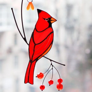 Stained Glass Red Cardinal Suncatcher Memorial Gift Sympathy Window Hanging Loss of Parent Gift Forever in Our Hearts Home Decor