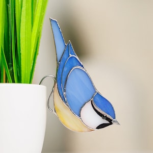 Stained Glass Chickadee Planter Suncatcher Bird ornament Unique Planter Decor Gift for Christmas