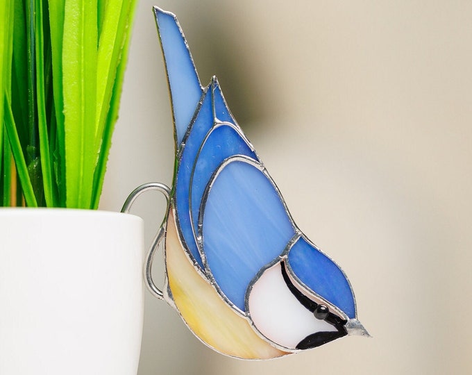 Stained Glass Chickadee Planter Suncatcher Bird ornament Unique Planter Decor Gift for Christmas