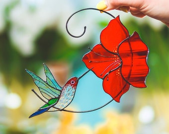 Stained glass Hummingbird suncatcher Glass hummingbird window hanging decor Red flower gift ideas for mom
