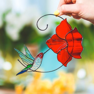 Stained glass Hummingbird suncatcher Glass hummingbird window hanging decor Red flower gift ideas for mom