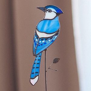 Blue Jay Stained Glass Garden Decor Flower Support Window Hanging Gift for Father&#39;s Day Outdoor Garden Art Wildlife Decor Garden Ornament