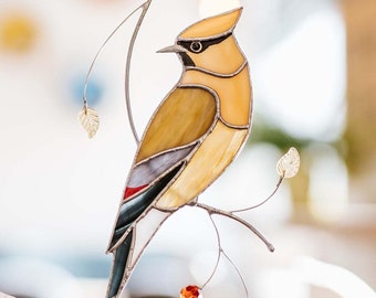 Stained Glass Cedar Waxwing Suncatcher: Bird on Branch Window Decor Mother's Day Gift