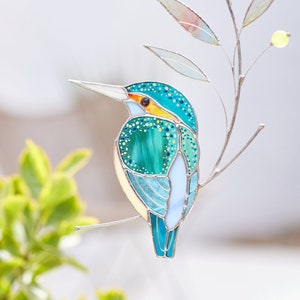 Vitrail martin-pêcheur attrape-soleil pour fenêtre décor oiseau vitrail suspendu cadeau de Noël en vitrail personnalisé image 1