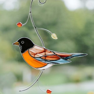 Atrapasol de petirrojo de vidrio manchado, adorno colgante para ventana, regalo para papá, Día del Padre, decoración para el hogar y el jardín, arte de vidrio hecho a mano con pájaros.