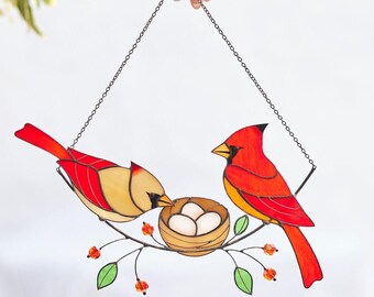 Red Cardinal Family Stained Glass Suncatcher Bird Window Hanging Handmade Mother’s Day Gift