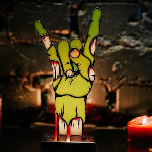 Rock On Zombie Hand Stained glass suncatcher on stone stand Gothic home decoration